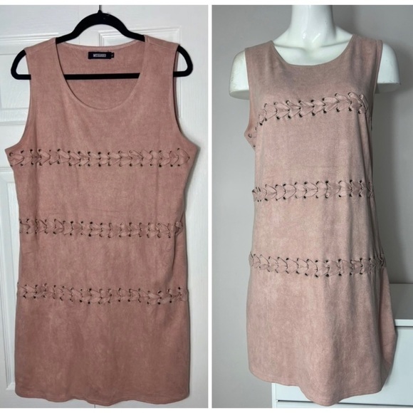 Missguided Mauve Pink Faux Suede Braided Lace Up Mini Shift Dress Size 12 Large - Picture 1 of 9